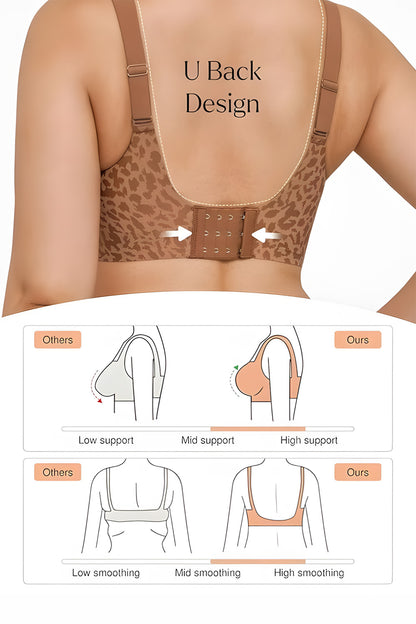 Leopard print back support brace with U back design and comparison diagram on a white background.