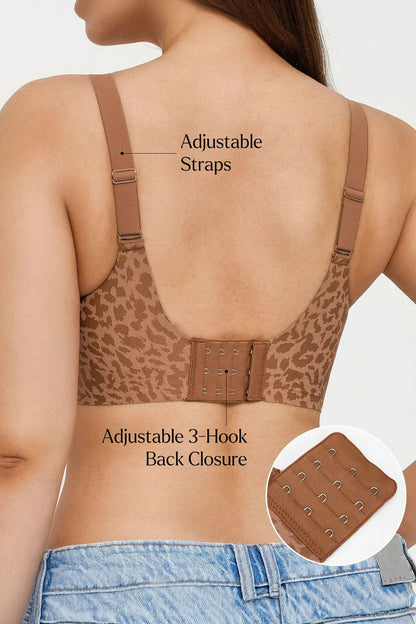 Leopard print bra with adjustable straps and back closure on a plain background