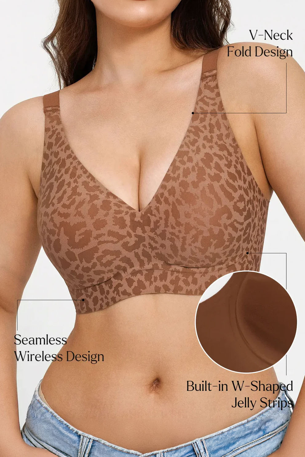 Leopard print bralette with text highlighting features on a plain background
