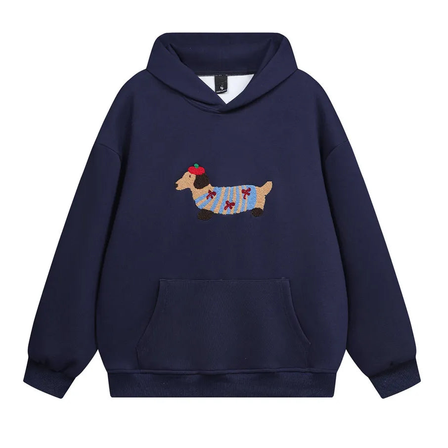 Cartoon-Dachshund-Hoodie-embroidery-cute-cozy-darkblue