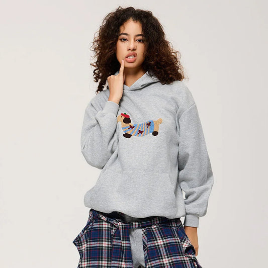 Cartoon-Dachshund-Hoodie-embroidery-cute-cozy-gray-girl