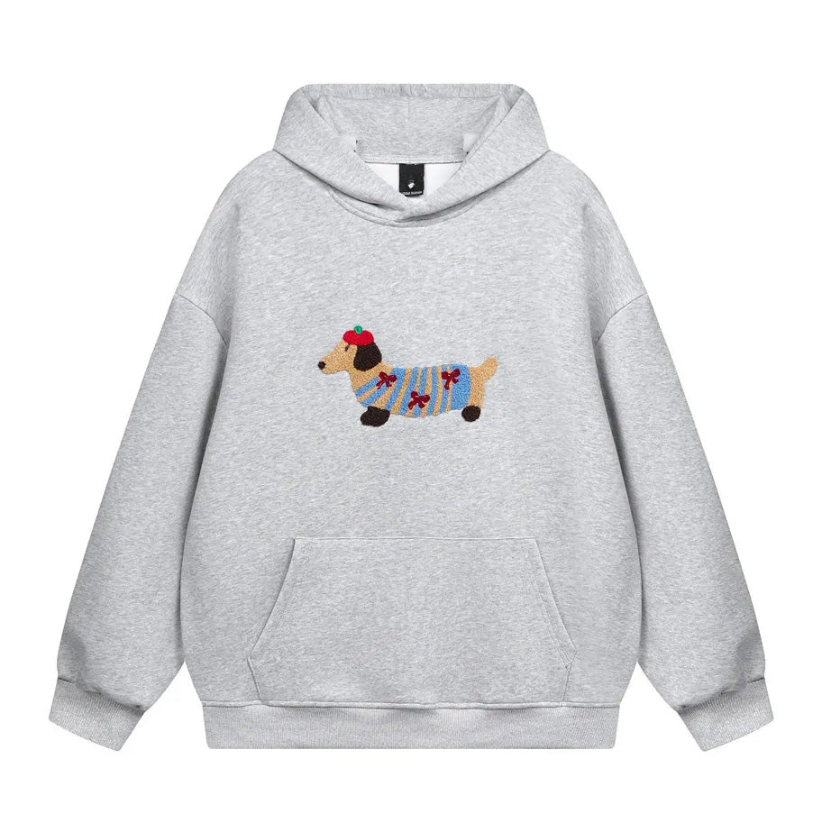 Cartoon-Dachshund-Hoodie-embroidery-cute-cozy-gray-one