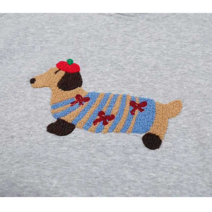Cartoon-Dachshund-Hoodie-embroidery-cute-cozy-gray-two-dog