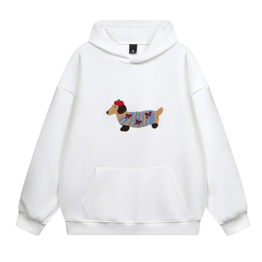 Cartoon-Dachshund-Hoodie-embroidery-cute-cozy-white-one