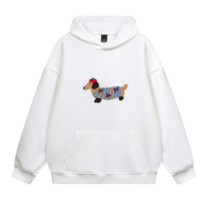 Cartoon-Dachshund-Hoodie-embroidery-cute-cozy-white-one