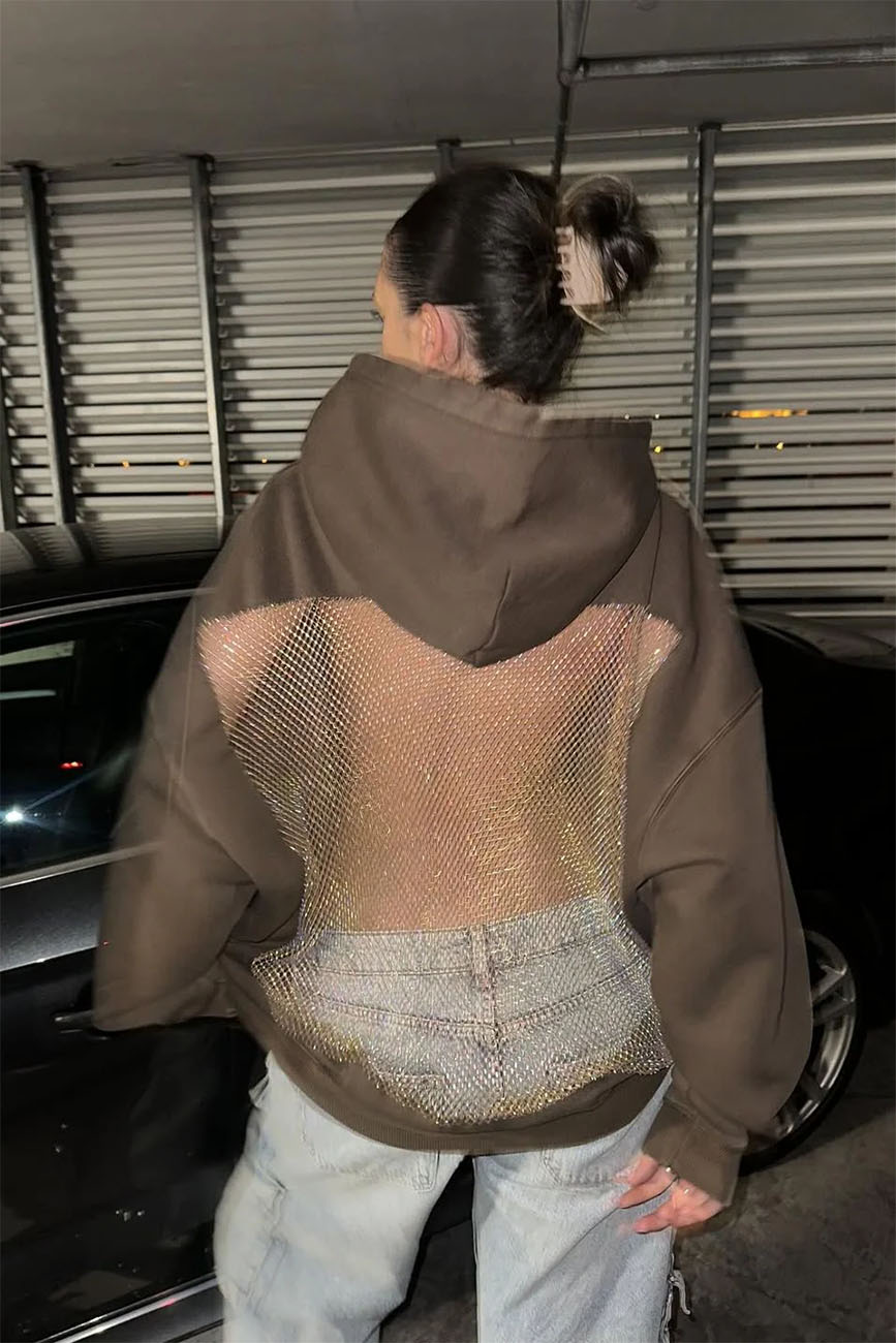 Women's Sparkly Cutout Hoodie - Oversized Mesh Back Streetwear