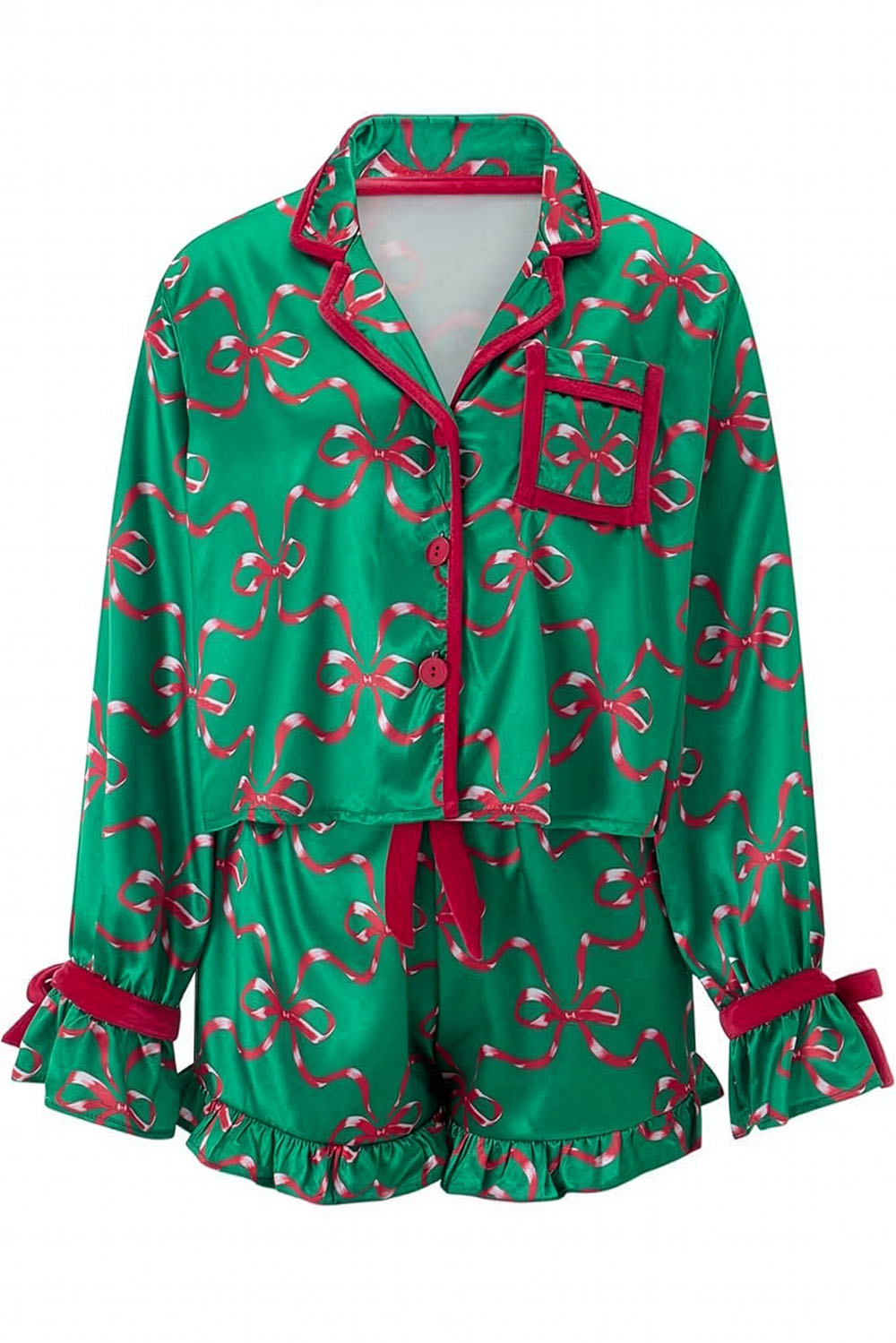 Green pajama set with red bows on a white background