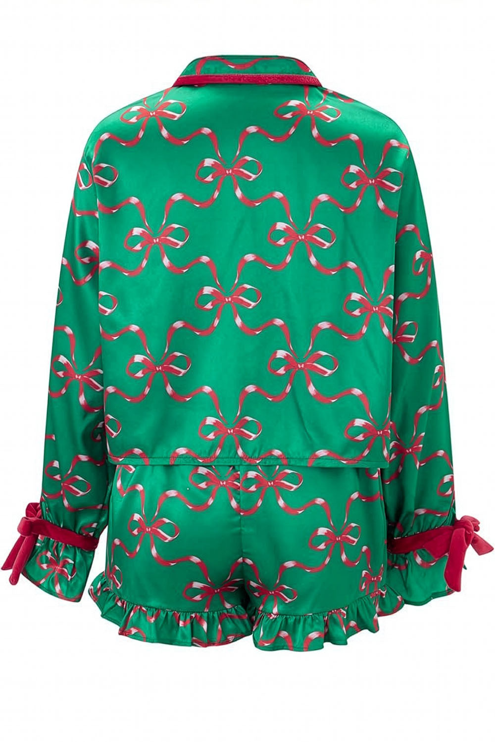 Green outfit with red bow pattern on a white background