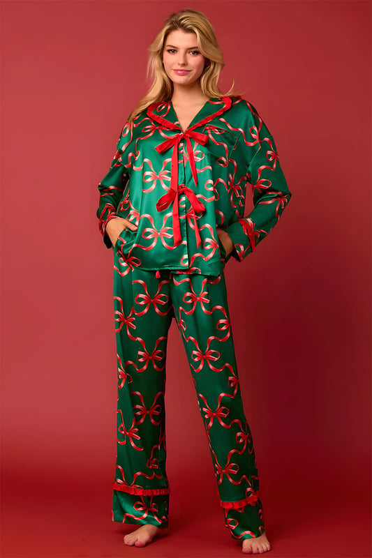 Red Bow Satin Christmas Pajama Set