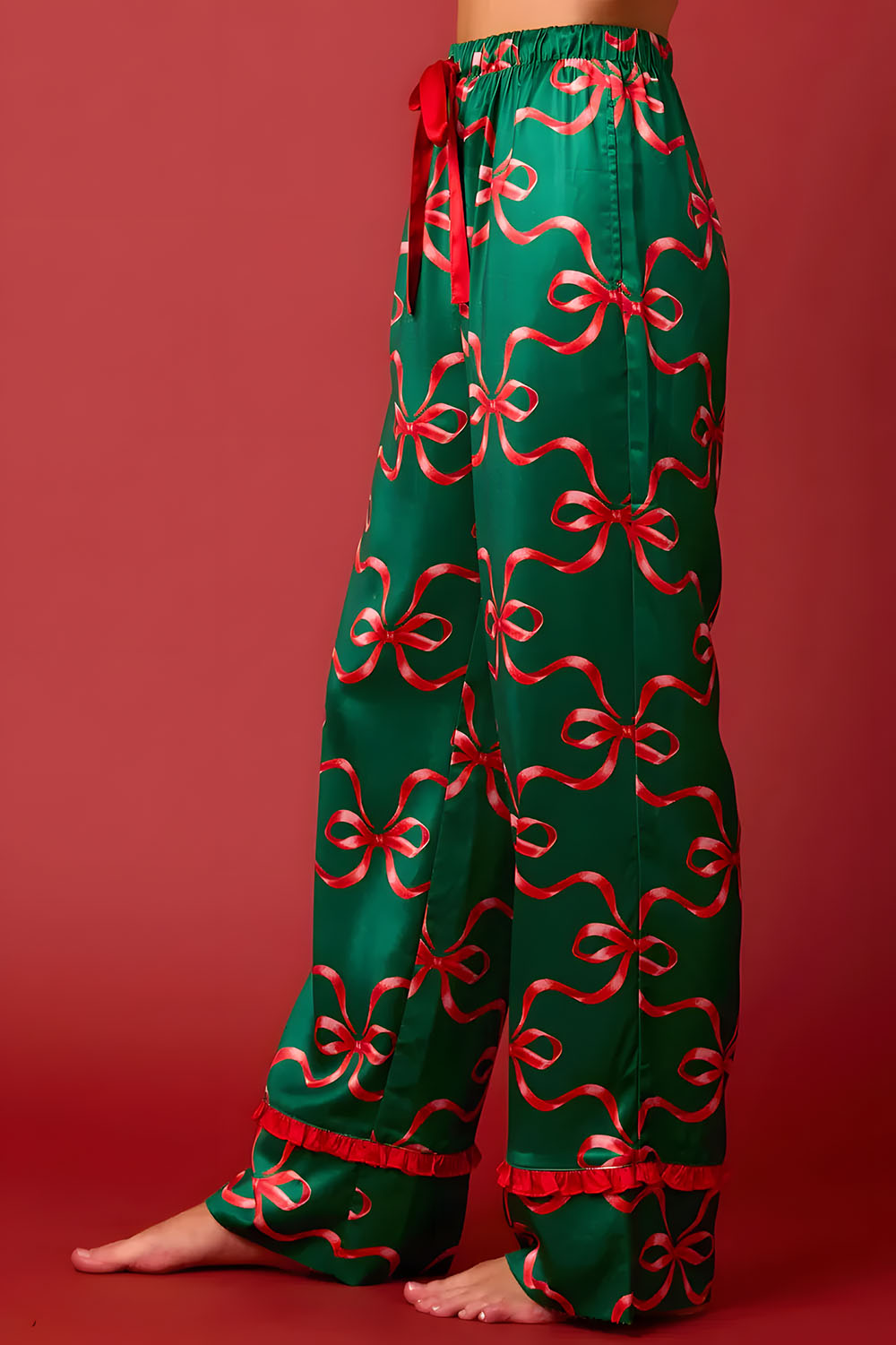 Red Bow Satin Christmas Pajama Set