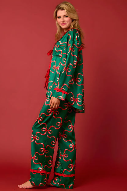 Red Bow Satin Christmas Pajama Set