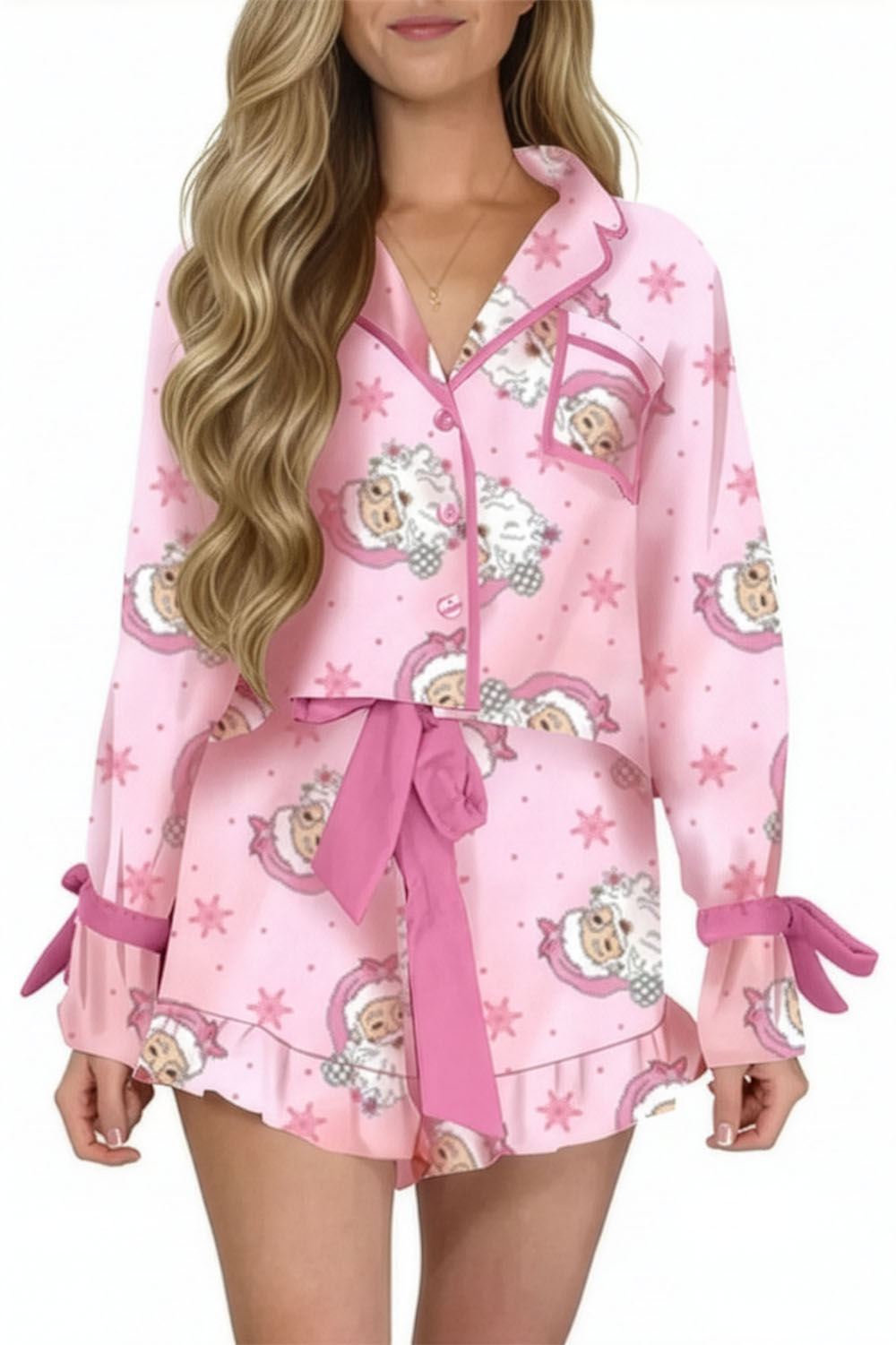 Pink pajama set with cartoon characters on a white background