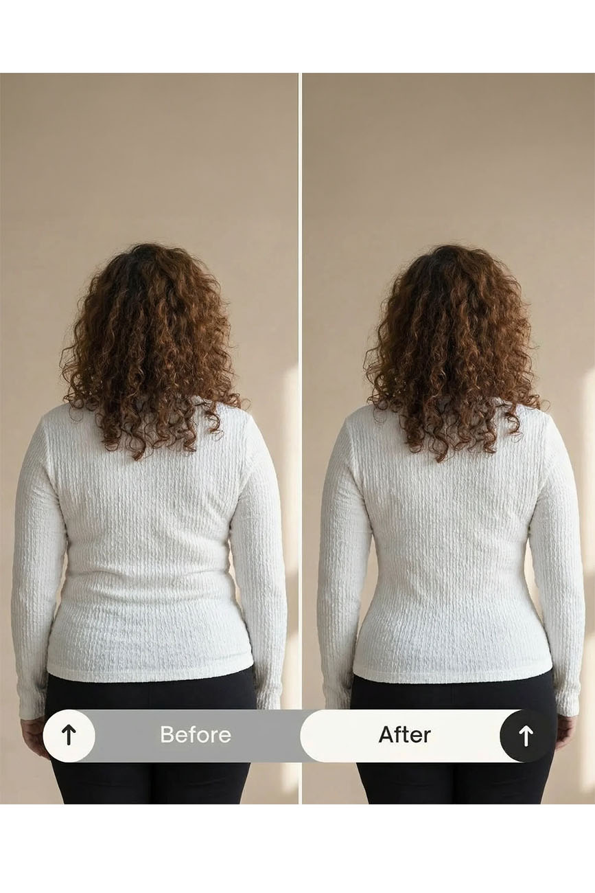 Before and after comparison of a person wearing a white sweater against a beige wall.