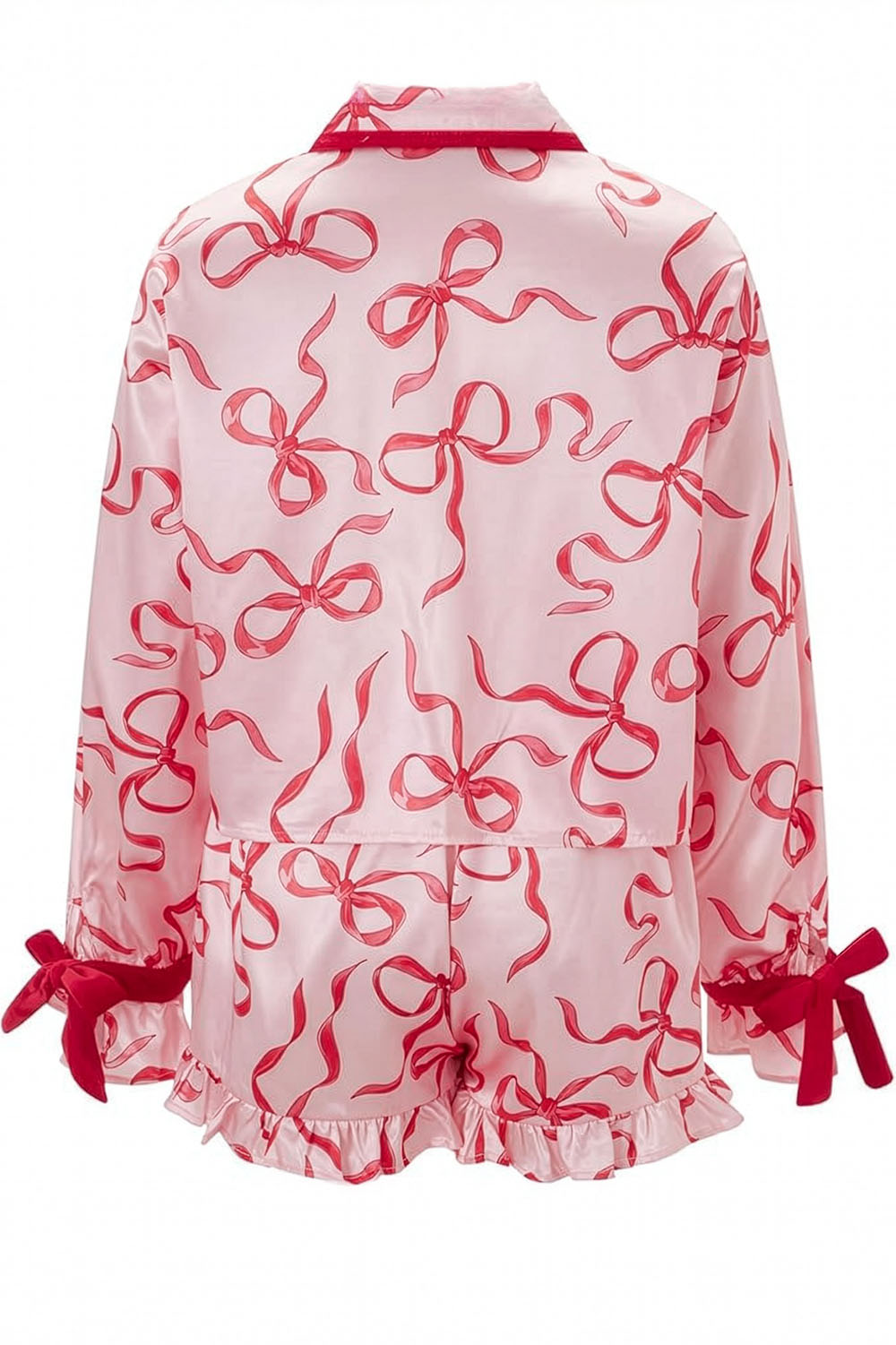 Pink outfit with red bow pattern on a white background