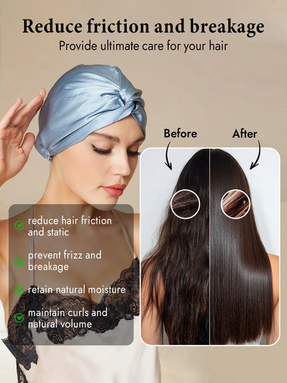Woman wearing a hair turban with text highlighting benefits on a beige background