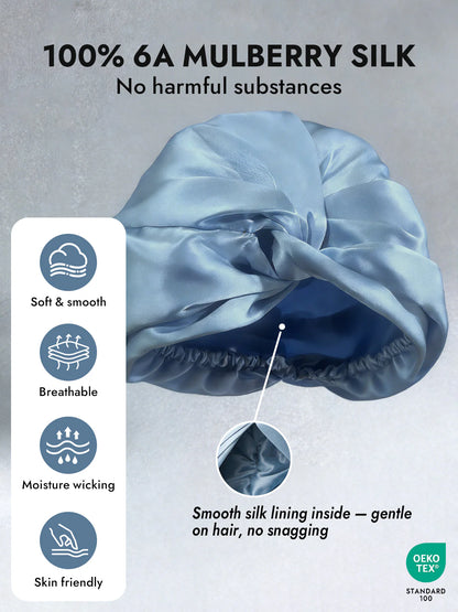 Blue silk hair bonnet with text and icons on a gray background