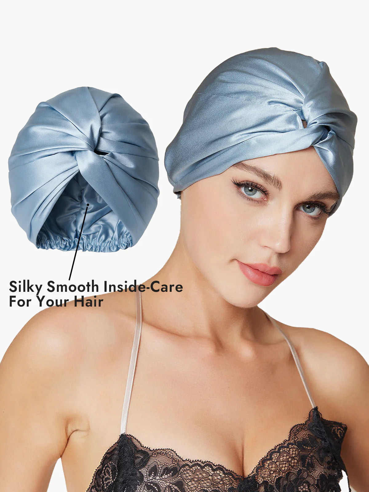 Woman wearing a blue satin hair turban with close-up inset, text 'Silky Smooth Inside Care For Your Hair'.