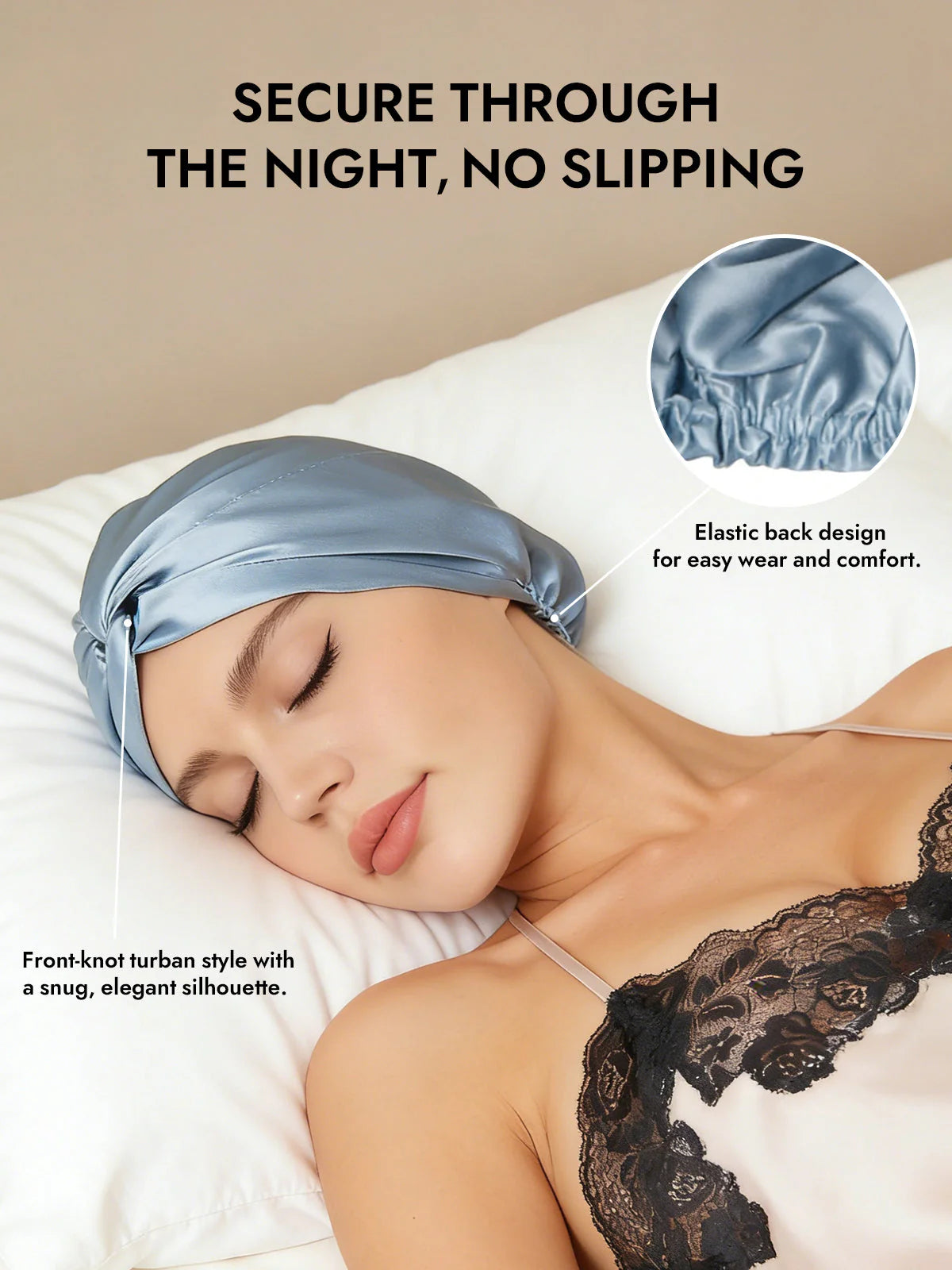 Woman sleeping with a blue satin headband, emphasizing comfort and security.