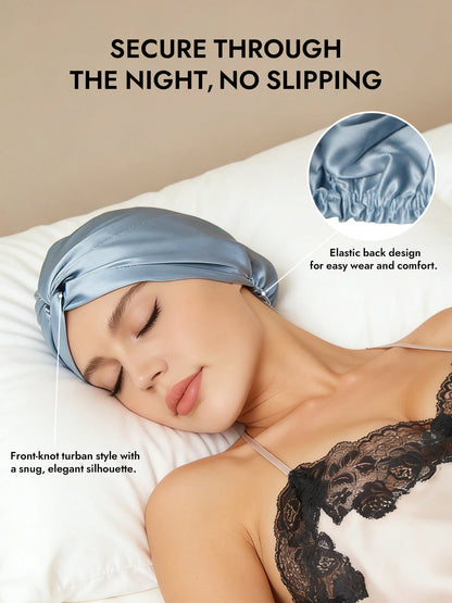 Woman sleeping with a blue satin headband, emphasizing comfort and security.
