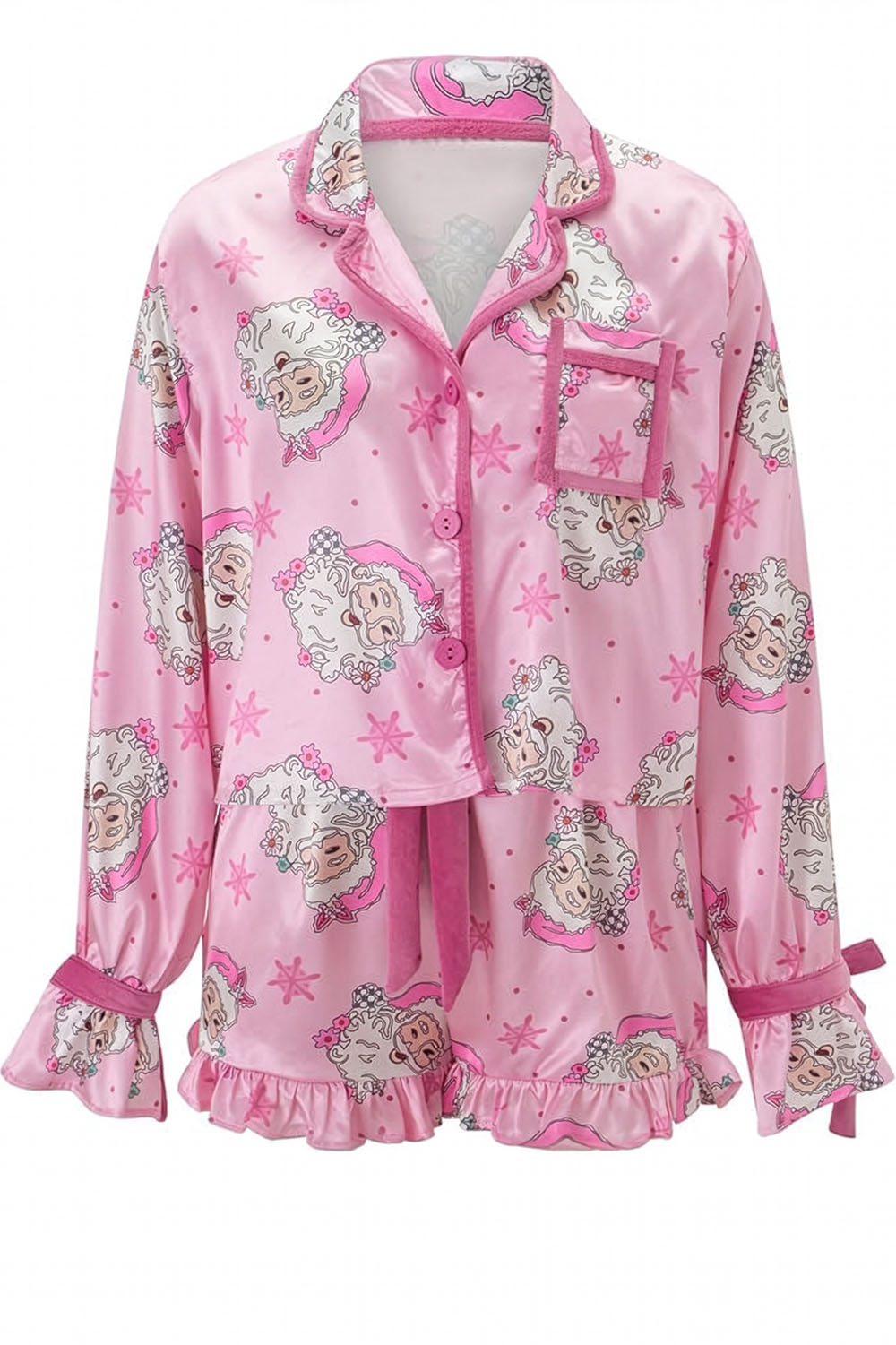 Pink pajama set with character print on a white background