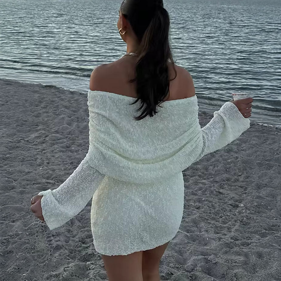 white main-knitted dress-woman-model-using dress-beach wear