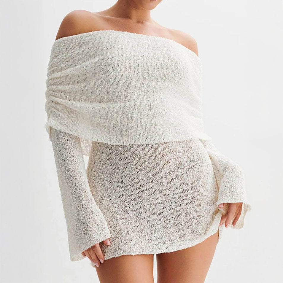 white main-knitted dress-woman-model-using dress-zoom