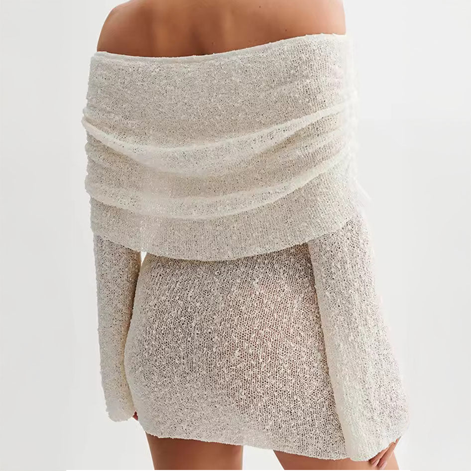 white main-knitted dress-woman-model-using dress-zoom back