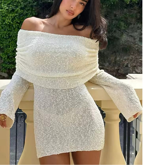 white main-knitted dress-woman-model-using dress